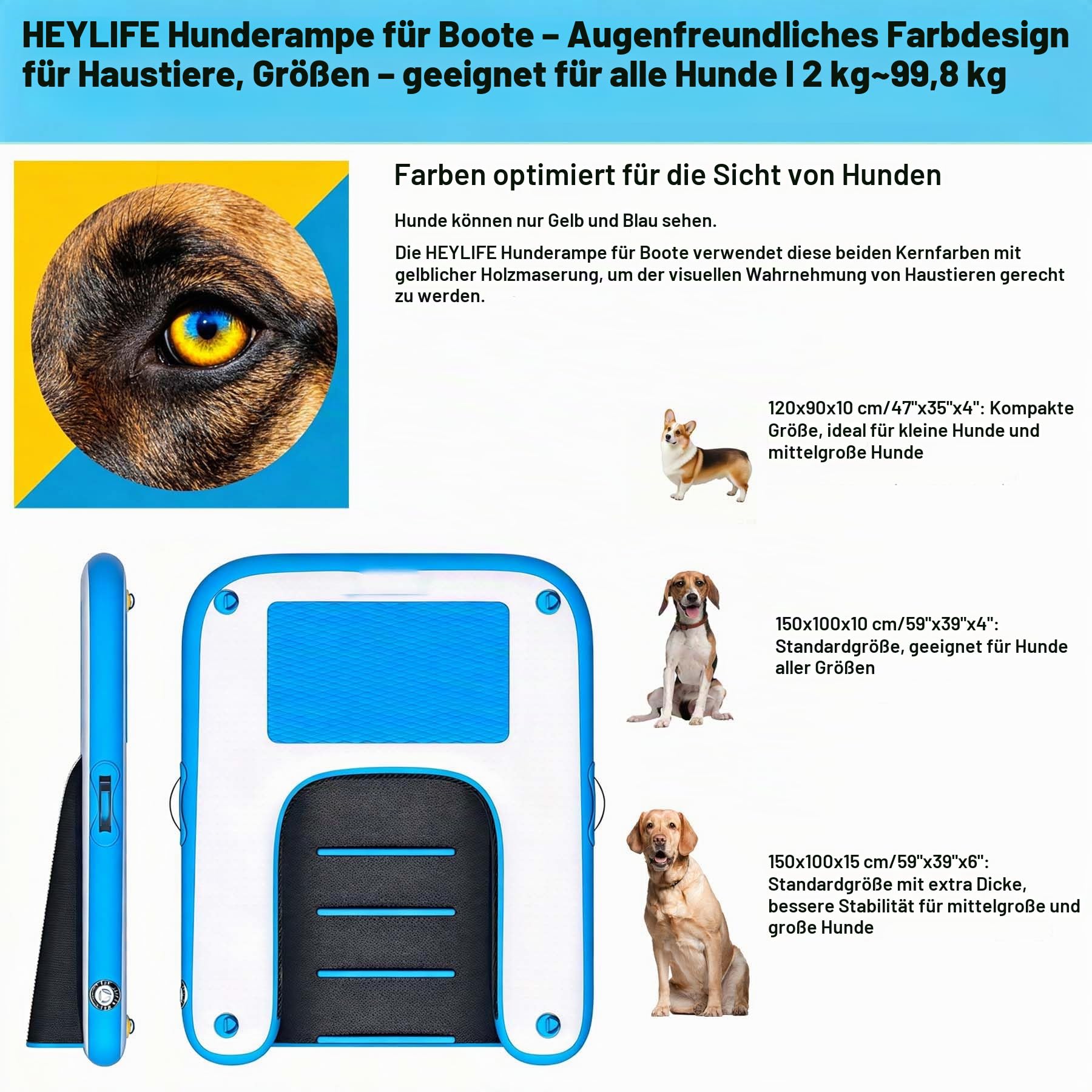 HEYLIFE Aufblasbare Hunde Wasserrampe bis 100 kg Schwimmend Pool See Blau | Hunderampen UV & Salzwasserfest 150×100×10 (cm) Rutschfeste kratzfeste EVA-Auflage Doppelhub-Handpumpe & Zubehörset