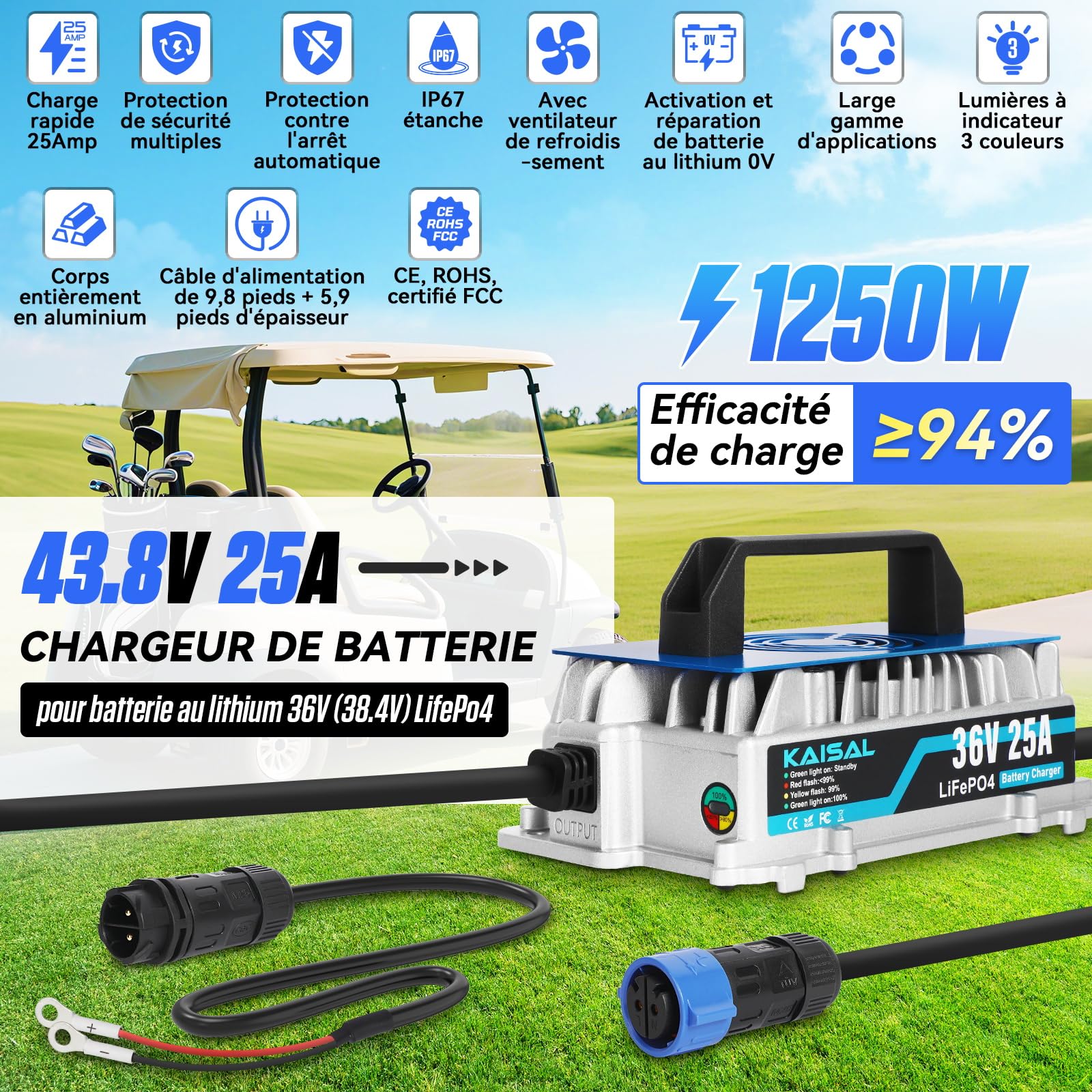 KAISAL 43.8V 25A Chargeur de Batterie LiFePO4 pour 36V(38.4V) Batterie LiFePO4, 0V Activation Chargeur Batterie Lithium 36V, IP67 étanche，pour Voiture de Golf, RV et énergie Solaire