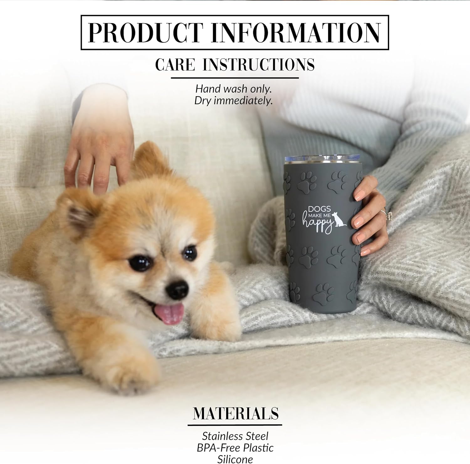 Pavilion Gift Company - Dogs Make Me Happy - Pawprint Textured 20oz Silicone Wrapped Non-Slip Stainless Steel Body Plastic Slide Open Lid Travel 6-12 Hr Coffee Mug Rescue Dog Mom Dad Puppy Lover Gift