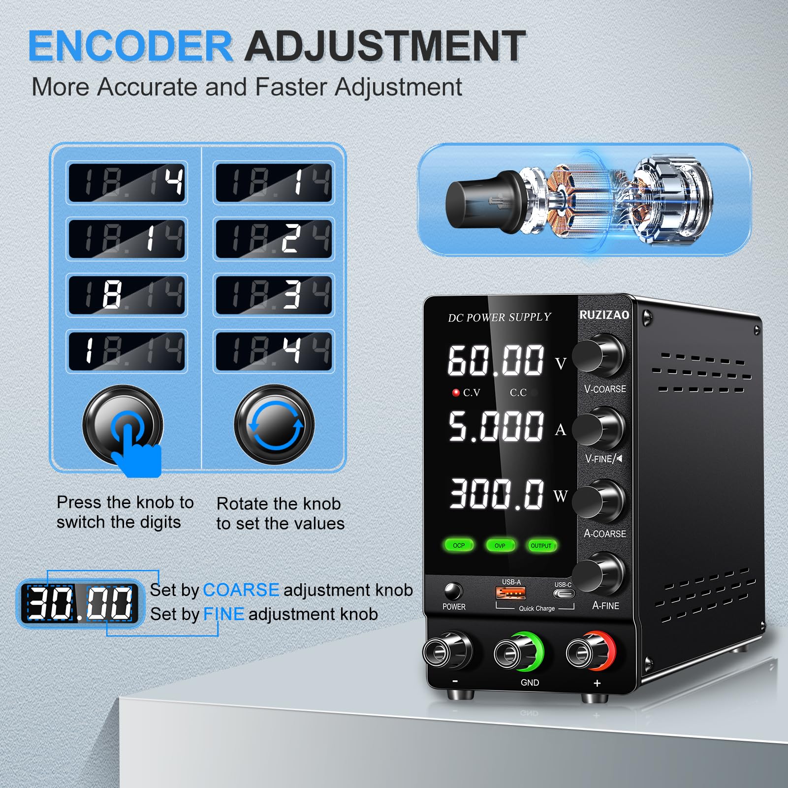 Alimentation de Laboratoire 60V 5A Alimentation Stabilisée Réglable avec OCP/OVP/Interrupteur de Sortie/Encodeurs de Précision, Alimentation de Banc de Laboratoire avec 18W USB Charge Rapide