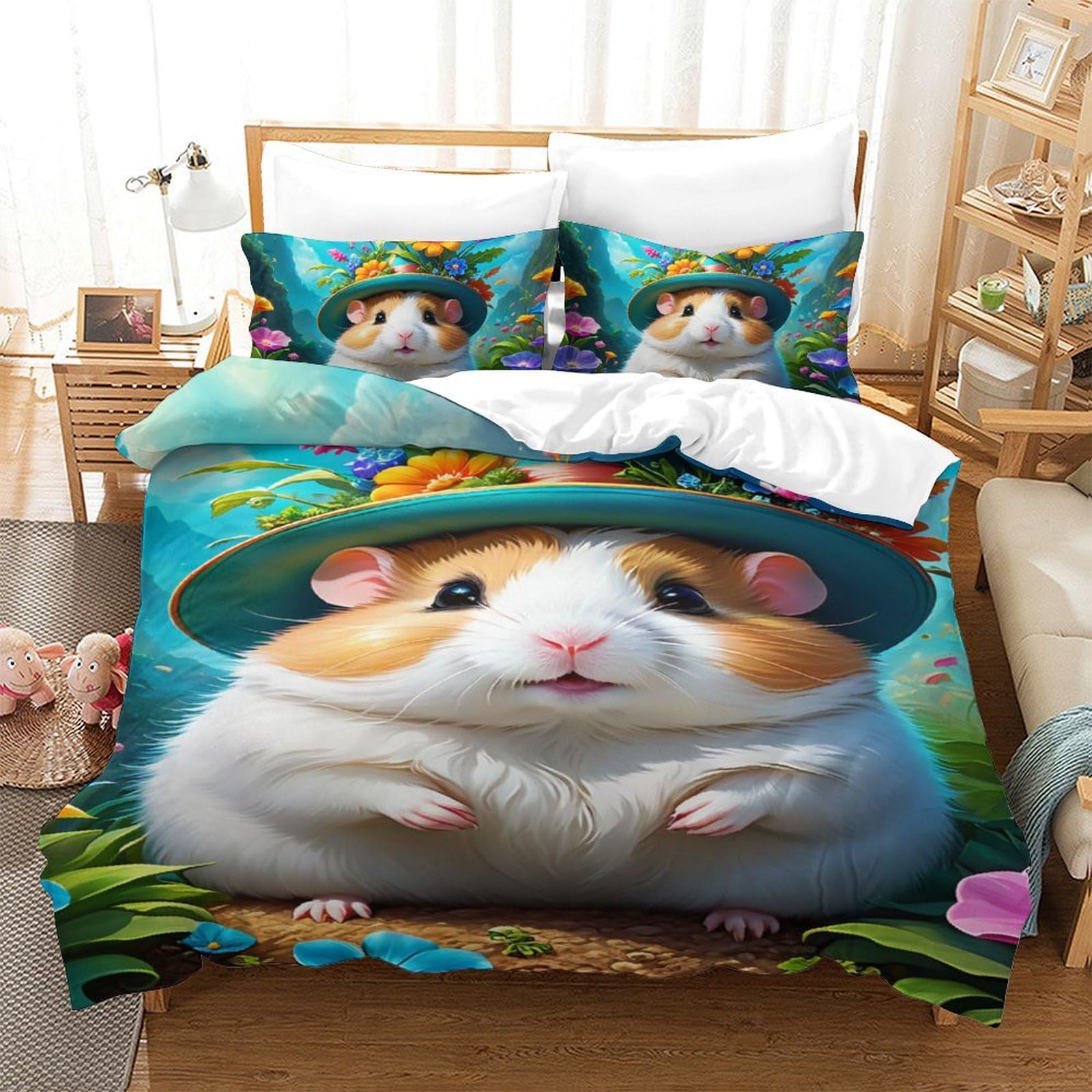 Housse de couette 140x200 hamster pour lit enfant facile à laver et fermer