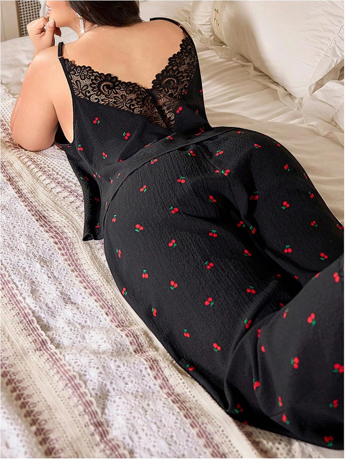 SHENHE Women's Plus Size Pajama Set Cherry Print Cami and Pants Lace Trim Sleepwear Lounge Set - Image 3