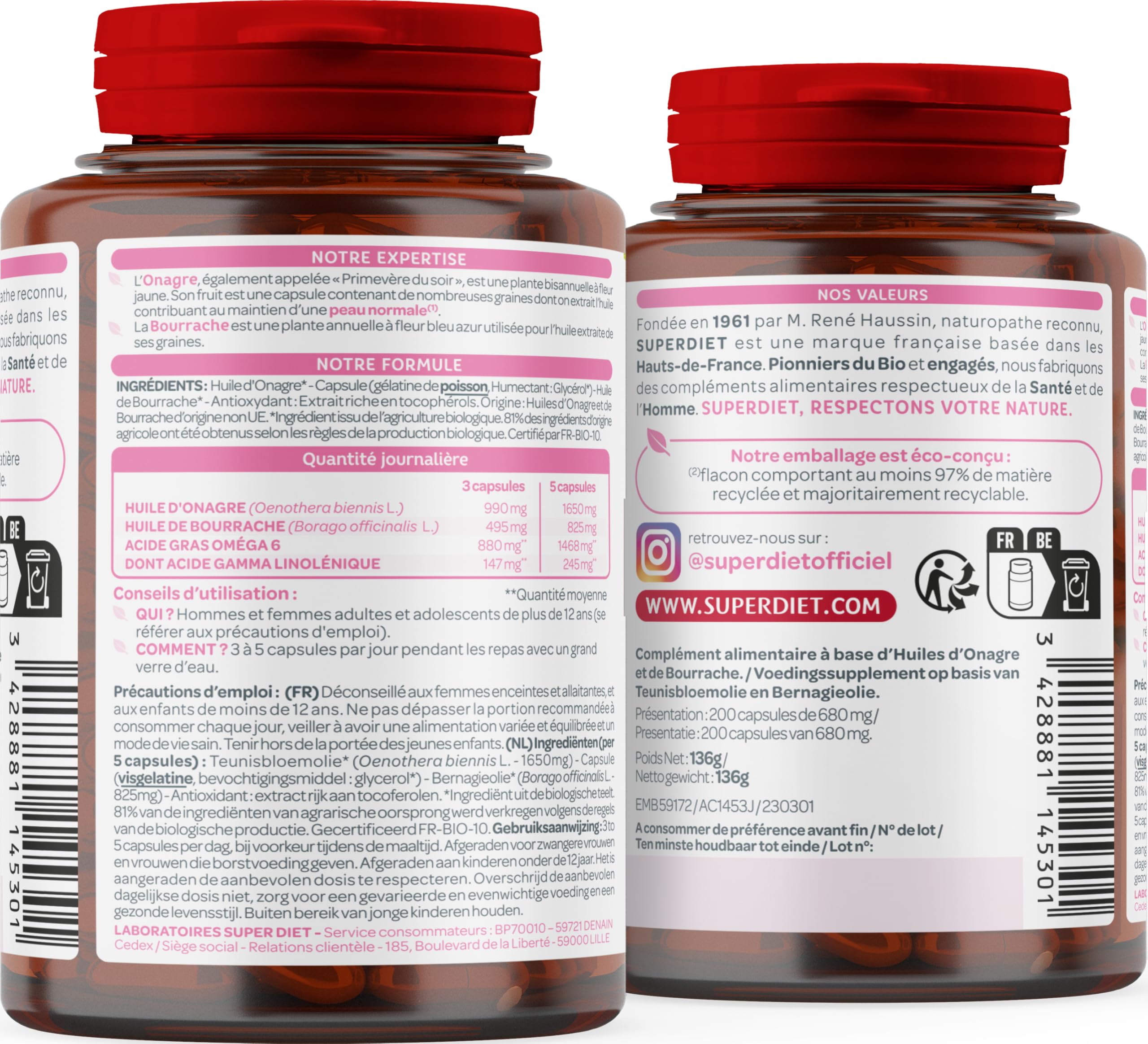 SUPERDIET –HUILE D'ONAGRE BOURRACHE – Beauté de la peau – Phytothérapie – Conditionné en France – 200 capsules