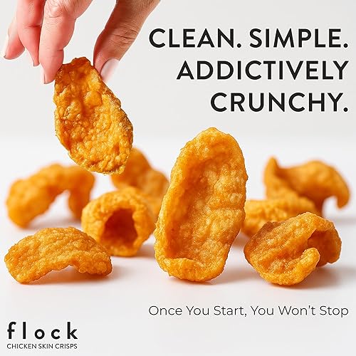 Vista 4 de Chips Flock keto de piel de pollo, 100% pollo real, bajo en carbohidratos, alto contenido en proteínas, sin azúcar, sin gluten, porción individual