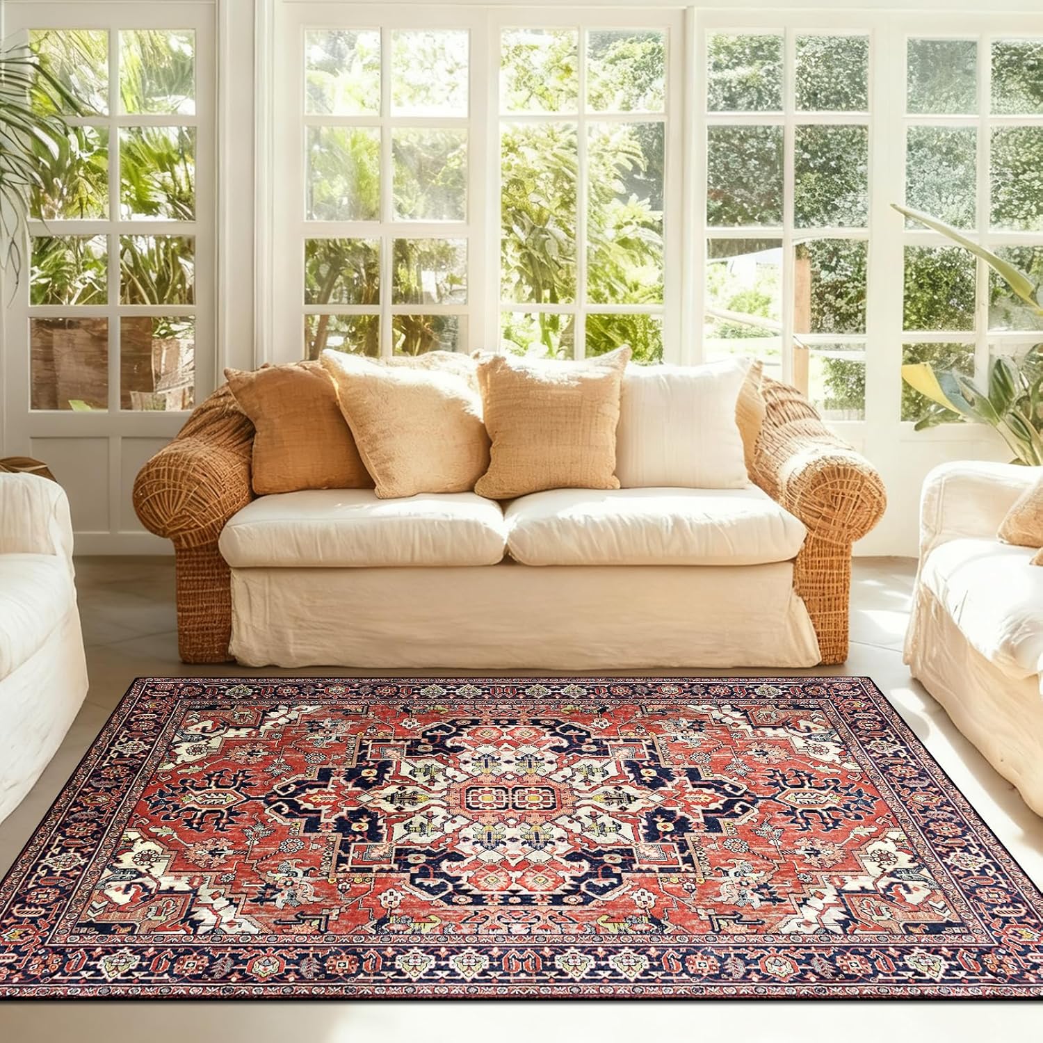 Area Rugs 3'x5' Washable, Non-Slip Distressed Vintage Carpet Entry Rug, Ideal for Enteryway, Living Room Bedroom Dining Room, Brick Red Low Pile Rug - Image 2