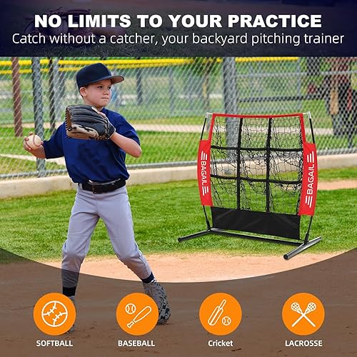 Miniatura 5 de BAGAIL Red de lanzamiento de béisbol y sóftbol, red de lanzamiento de 9 bolsillos, red de lanzamiento portátil para patio trasero con bolsa de