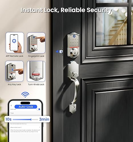 Miniatura 7 de Veise VE017G-H - Juego de cerradura inteligente de huellas dactilares para puerta delantera, control remoto, cerrojo de entrada sin llave con asa,