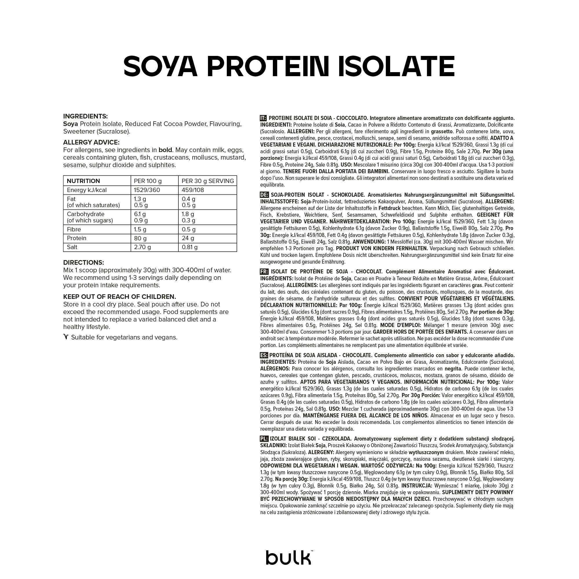 Bulk Proteína de Soja Aislada al, Batido de proteínas veganas, Chocolate, 2.5kg, 83 Dosis