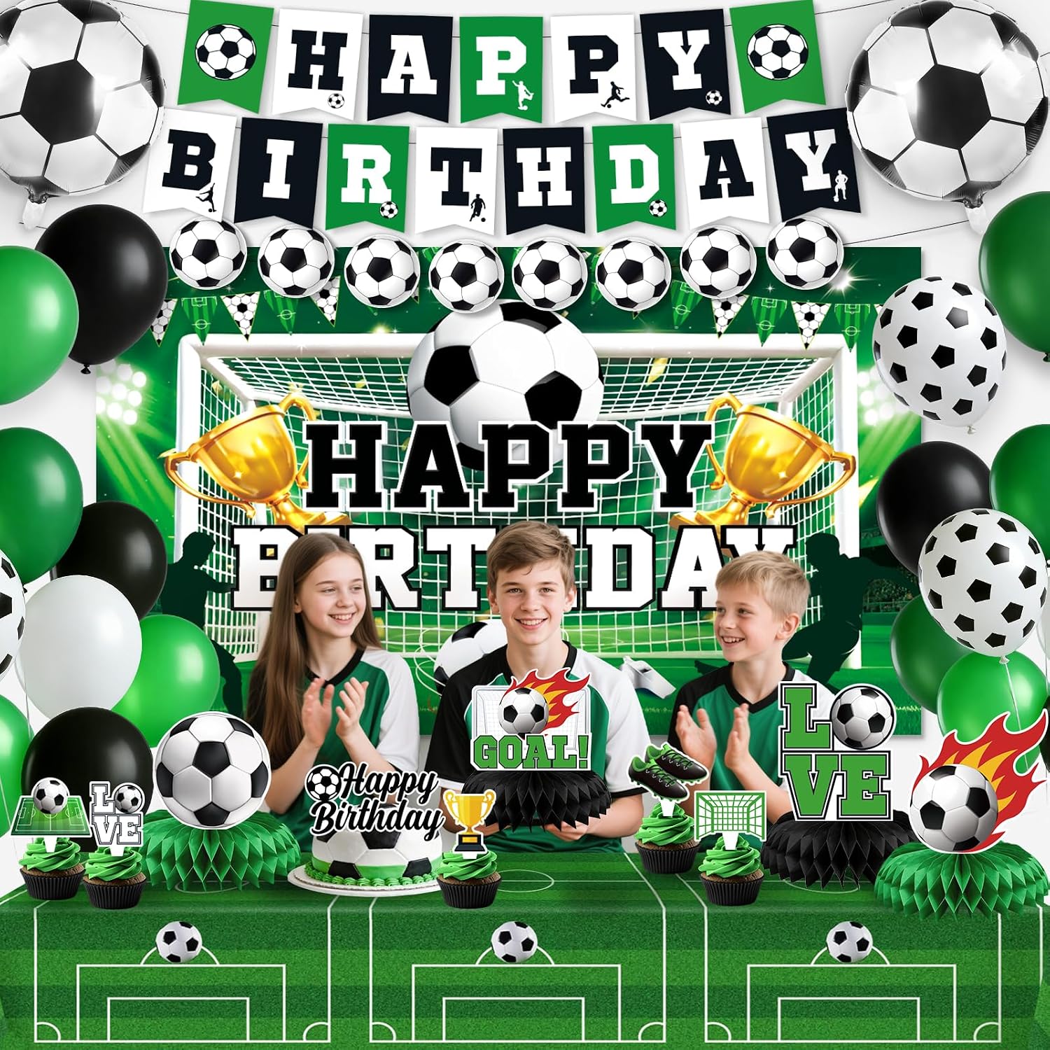 Soccer Birthday Party Decorations, 44Pcs World Soccer Party Decorations Included Happy Birthday Backdrop Tablecloth Cake Toppers Honeycomb Centerpieces for Soccer Party Supplies image 5
