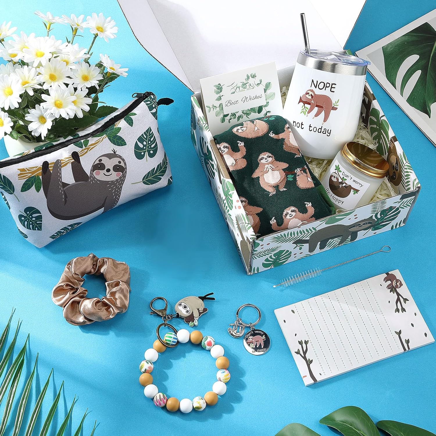 Landical 11 Pcs Sloth Theme Gift for Women Include Tumbler Mug Makeup Bag Sock Keychain Scrunchie Doll Notepad Aromatherapy Greeting Card in Gift Box for Christmas Holiday Animal Lovers - Image 3