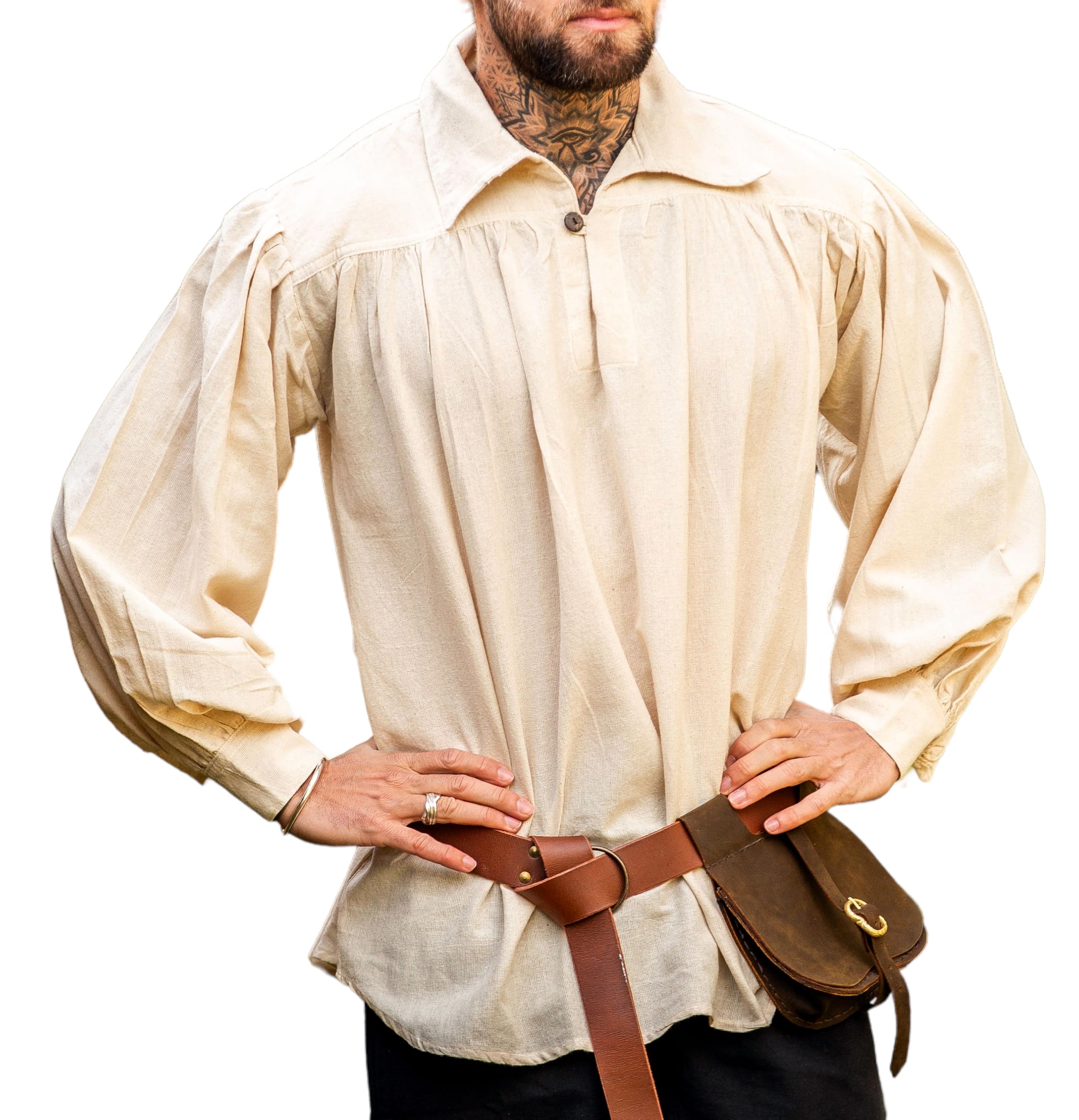 Leonardo Carbone® Camisa pirata James con cuello – Ropa medieval, camisa medieval para hombre, ropa LARP, traje de festival, disfraz de pirata, camisas informales de manga larga – 100% algodón
