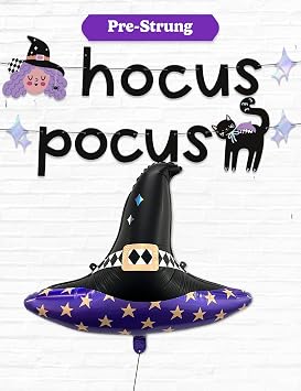 HOUSE OF PARTY Hocus Pocus Halloween Banner & Witch Hat Balloon - Perfect Indoor Halloween Party Decoration with Witch & Black Cat Designs - Ideal for Mantle and Hocus Pocus Party Decorations!