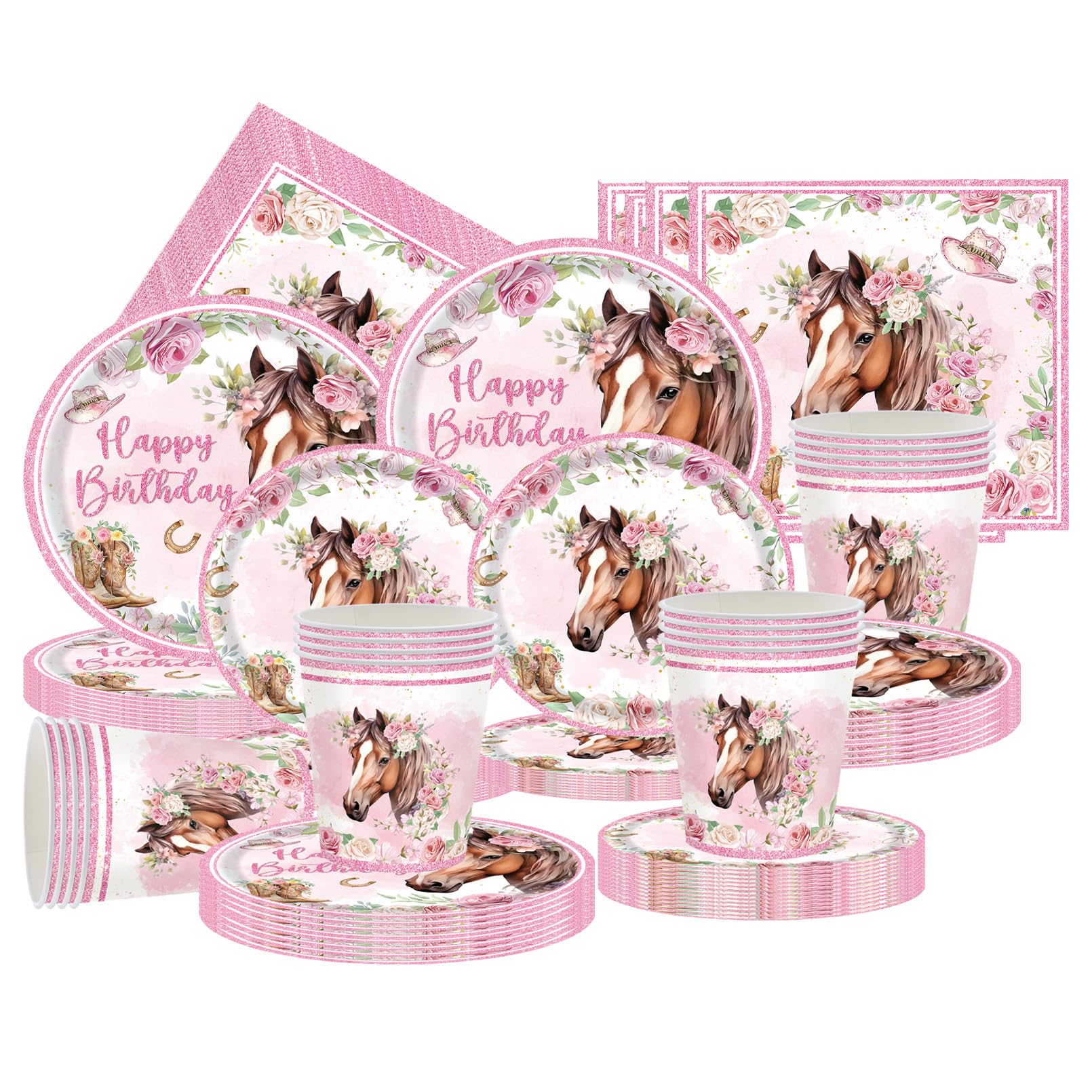 Rosa Pferd Partygeschirr Set,80 Stück Pferd Geburtstagsdeko Pappteller,Pferde Deko für Mottoparty & Geburtstag Becher, Servietten & Tischdecke für 20 Gäste