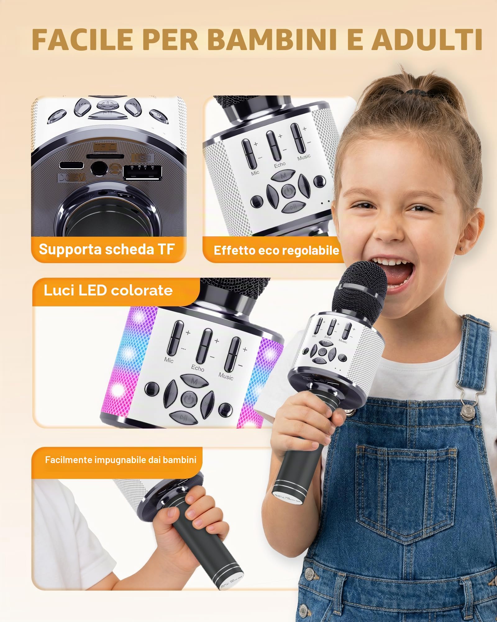 BONAOK Mikrofon Bluetooth bezprzewodowy LED dla dzieci Karaoke