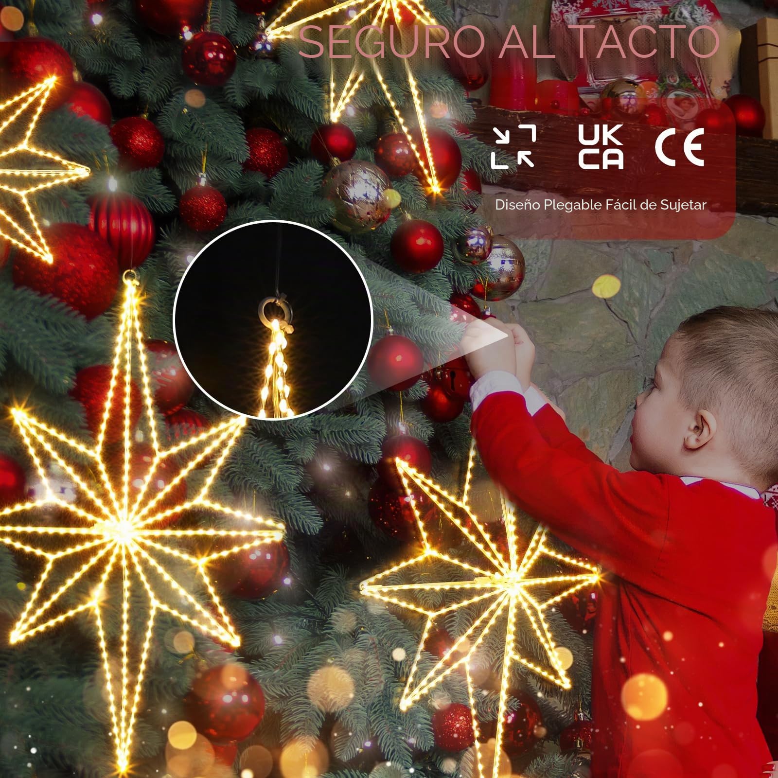 Quntis 62CM Luces de Navidad Exterior Estrella con Enchufe, 360 LED Superbrillantes Cortina de Luces Navidad Ventana Decorativas con Gancho, Blanco Cálido Luz de Ventana para Decoración Navideña