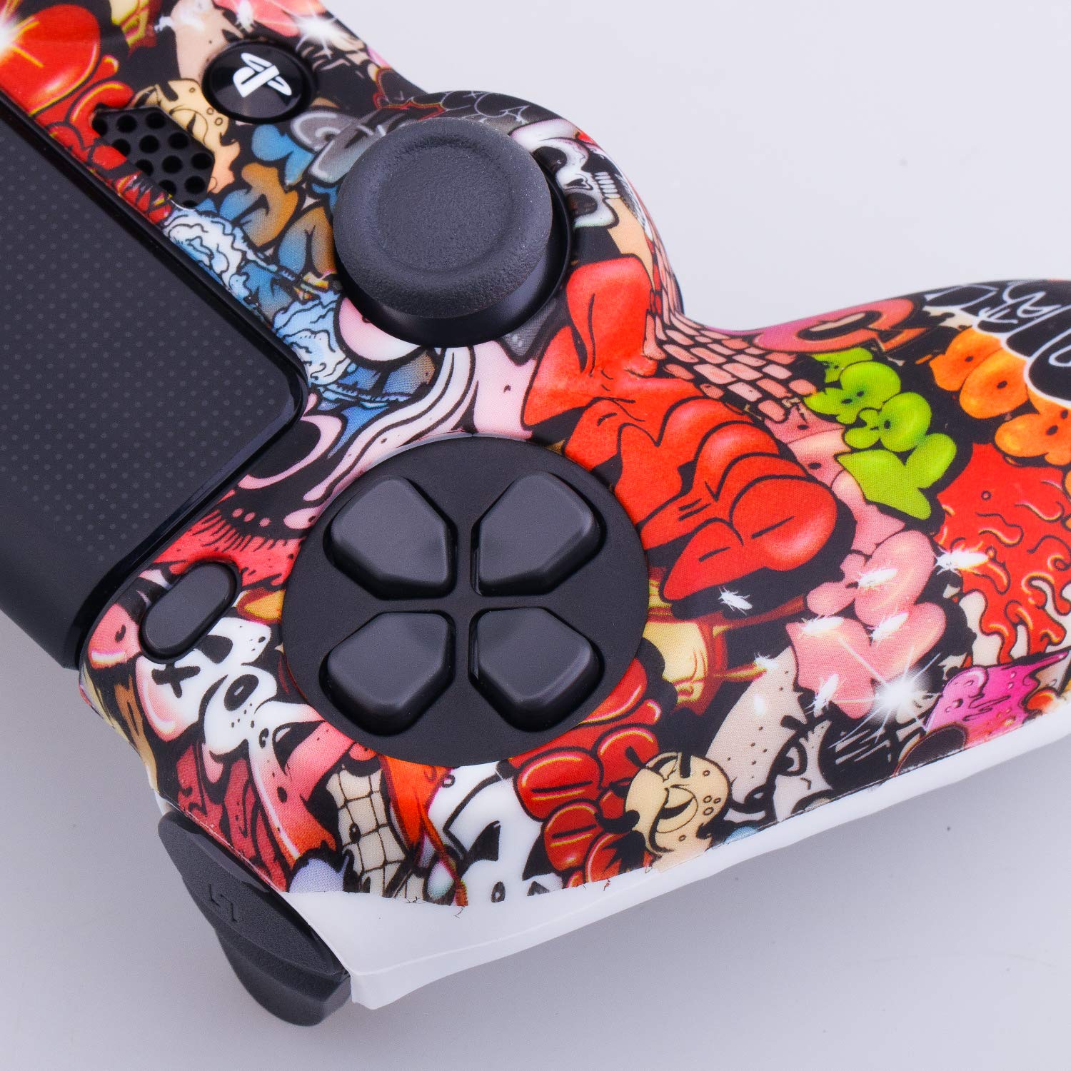 YoRHa Water Transfer Printing Camouflage Silicone Cover Skin Case for PS4/slim/Pro Controller x 1(Skull Graffiti) With Pro thumb grips x 8 — view 5