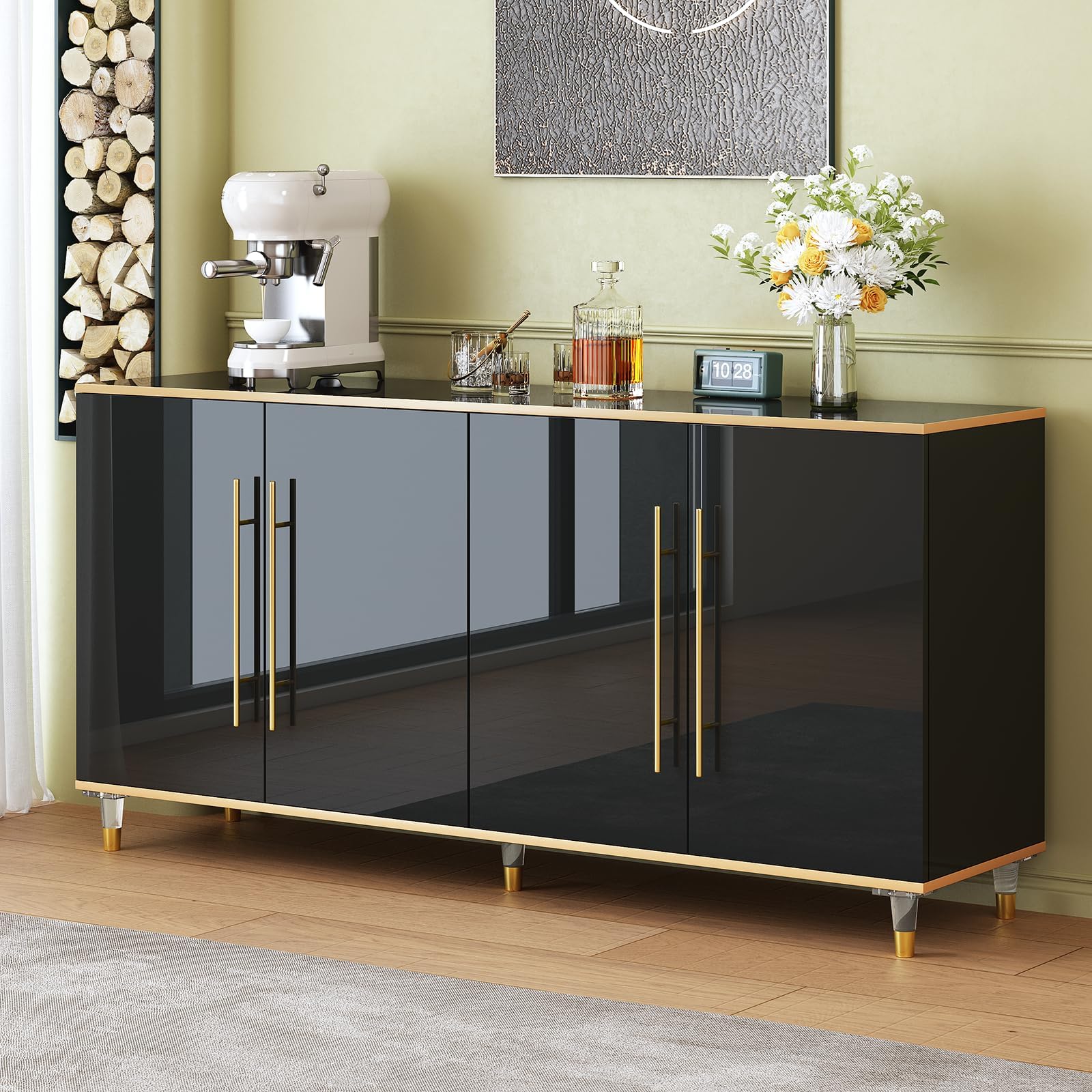 ONBRILL 63" Sideboard Buffet Cabinet with Storage, Console Cabinets with Adjustable Shelves & Doors, High Glossy Black and Gold Sideboards for Living Room Kitchen Entryway
