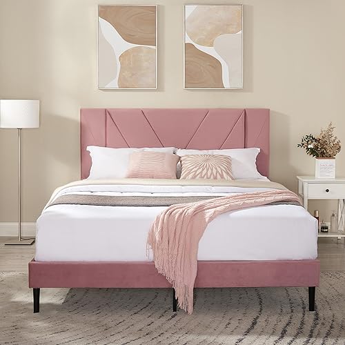 Flolinda Base de cama tamaño Queen con cabecero tapizado de terciopelo con listones de resortes, moderno marco de cama Queen, base de colchón, fácil