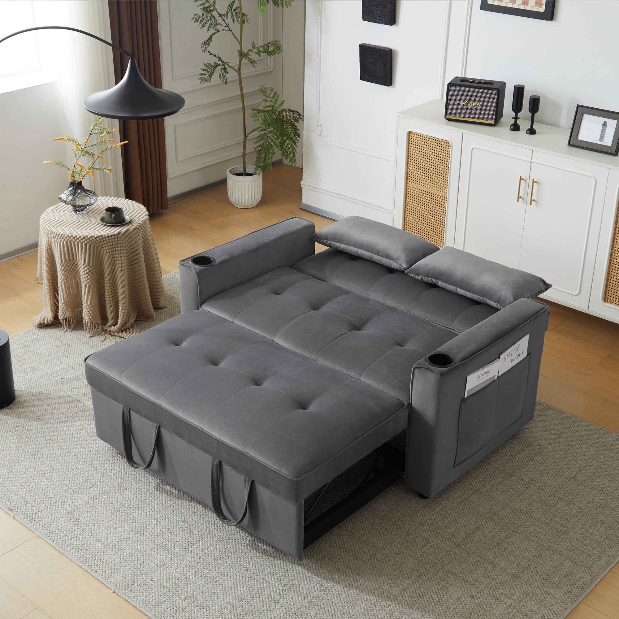 2 Sitzer Sofa mit Schlaffunktion, Klappbares Schlafsofa, Doppelsofa Kleine Couch Sofa, Polstersofa mit verstellbare Rückenlehne & Getränkehalter, Multifunktionssofa für Wohnzimmer, Velvet Grau