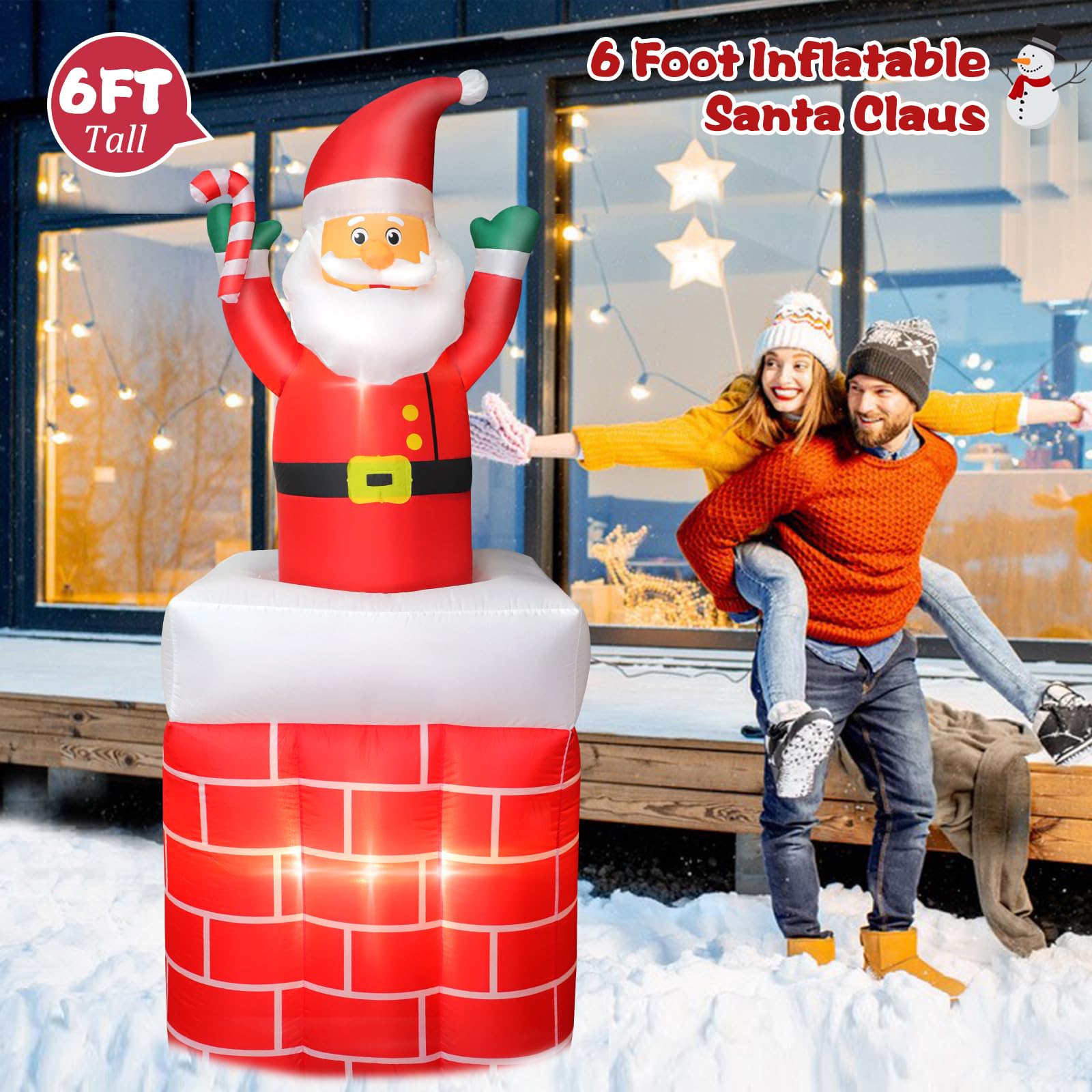 Père Noël gonflable de 1,8 m dans la cheminée automatique vers le haut et vers le bas, décorations de cour gonflables en plein air, lumières LED intégrées, décoration d'intérieur, cour, fête, pelouse