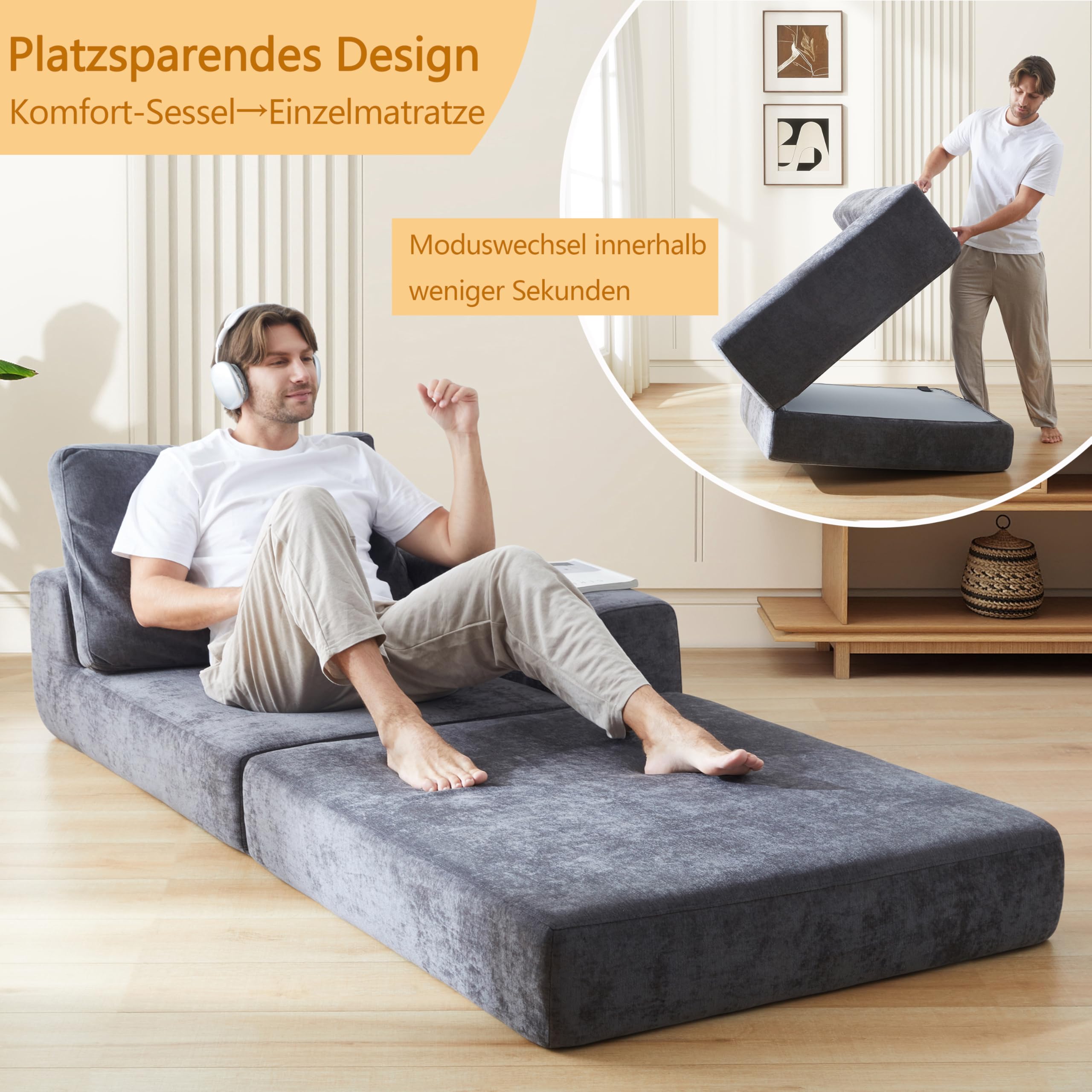 Jamdok Wolnostojąca składana sofa dla dorosłych, fotel do spania z funkcją łóżka bardzo gruby 20 cm, sofa z zimną pianką o wysokiej gęstości, składany materac dla gości do salonu, loftu (1, lewy