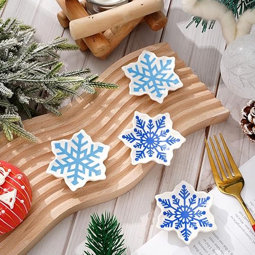 Miniatura 5 de Whaline 4 piezas de soporte de cuchara de cerámica con forma de copo de nieve azul con forma de copo de nieve, plato de anillo para Navidad,