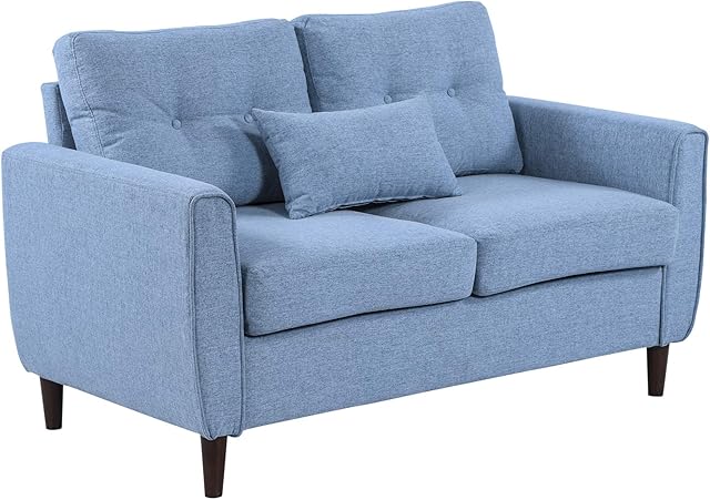 HOMCOM 2 Seat Sofa Double Sofa Loveseat Fabric Wooden Legs Tufted Design for Living Room, Dining Room, Office, Light Blue