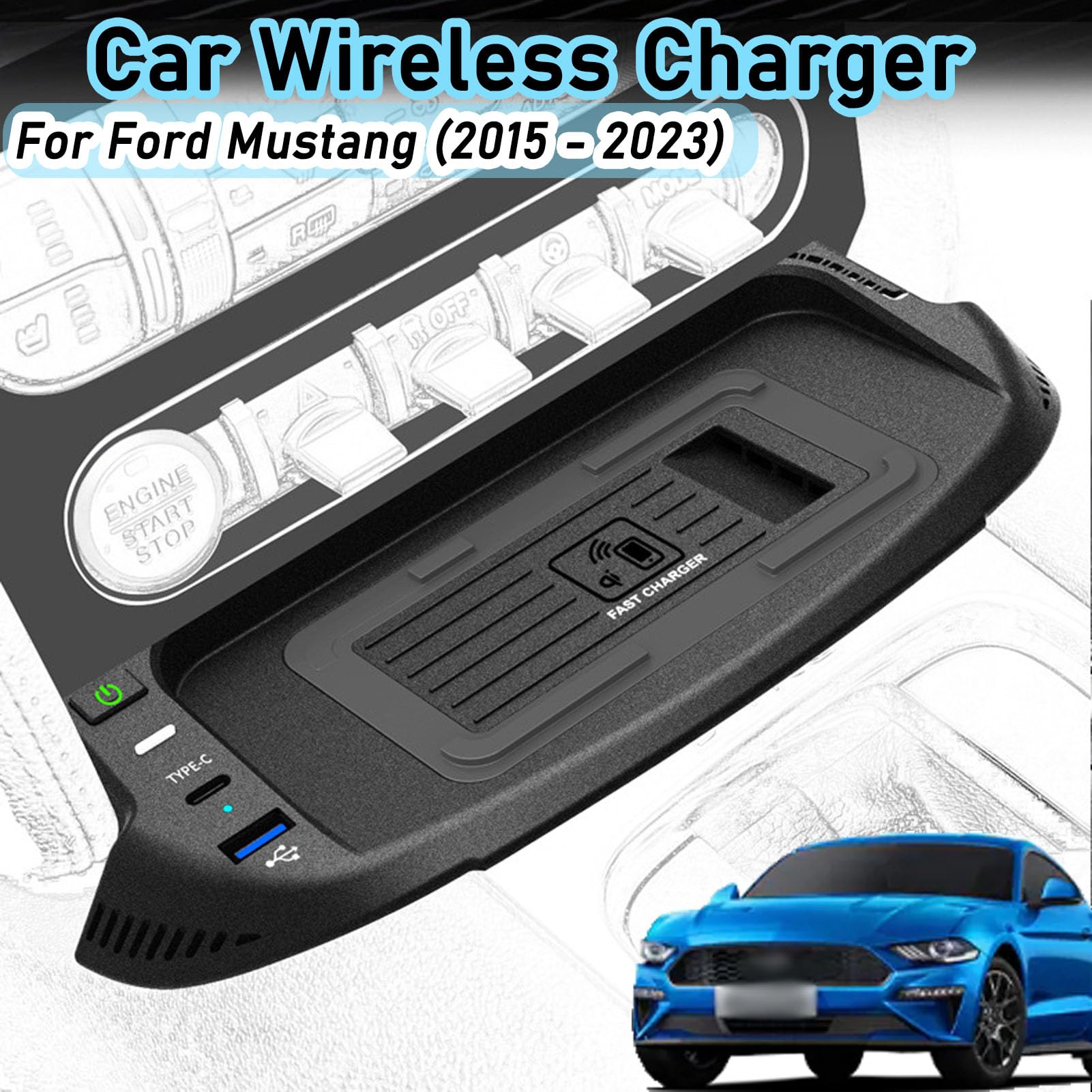 Caricabatterie Wireless per Auto per Tutti i Modelli Mustang Accessorio con 15 W Wireless e USB Qc3.0 + Type-C Ricarica Rapida Regalo per la Famiglia