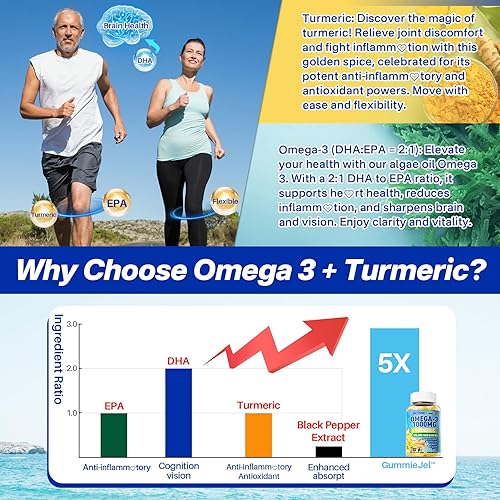Miniatura 4 de Gomitas veganas Omega-3 de 1000 mg + cúrcuma, alternativa al aceite de pescado Omega 3 para adultos, algas DHA de 600 mg y EPA 300 mg, vitaminas A,