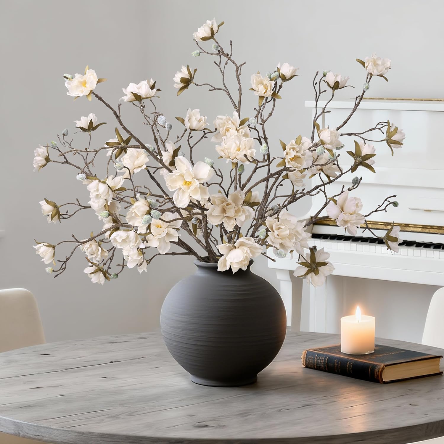 HyeFlora 3PCS Artificial Magnolia Flowers Stems for Spring Decoration, Faux Champagne Magnolia Branches with Buds, 34.5" Long Stems Floral Arrangement for Vase Pot Table Centerpiece Indoor Decor