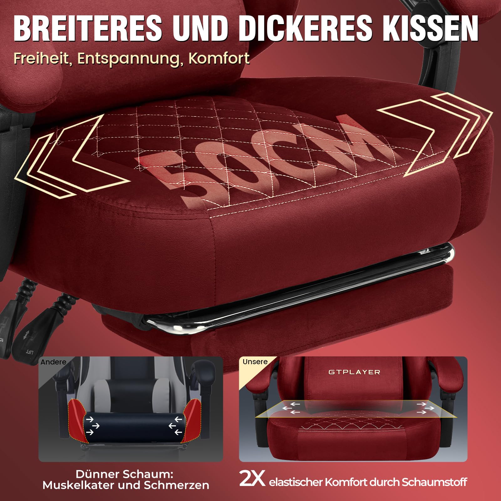 GTPLAYER Sedia da gaming, in tessuto, ergonomica, per ufficio, in PC, portata 150 kg, regolabile e girevole, con cuscino a molla e poggiapiedi, rosso