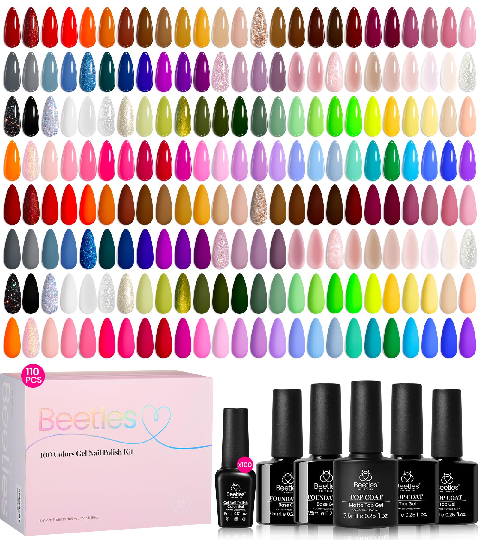 Beetles Gel Nail Polish Set - Chroma Dreams 100 Colors Rainbow Gel Polish Collection with 5 Pcs Base & Top Coat, Pink Blue Orange Purple Bright Pastel Shades, Soak Off UV LED Nail Art Kit for Women