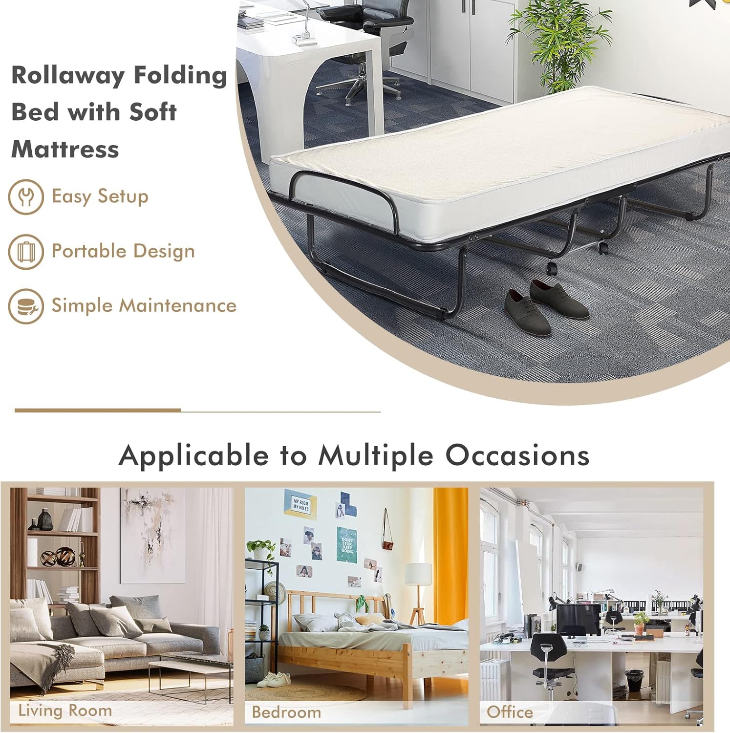 KOMFOTT Rollaway Folding Bed with 4 Inch Mattress, Foldable Rollaway Bed with Memory Foam Mattress for Adults, Portable Fold Up Guest Bed with Steel Frame on Wheels for Home & Office, Made in Italy