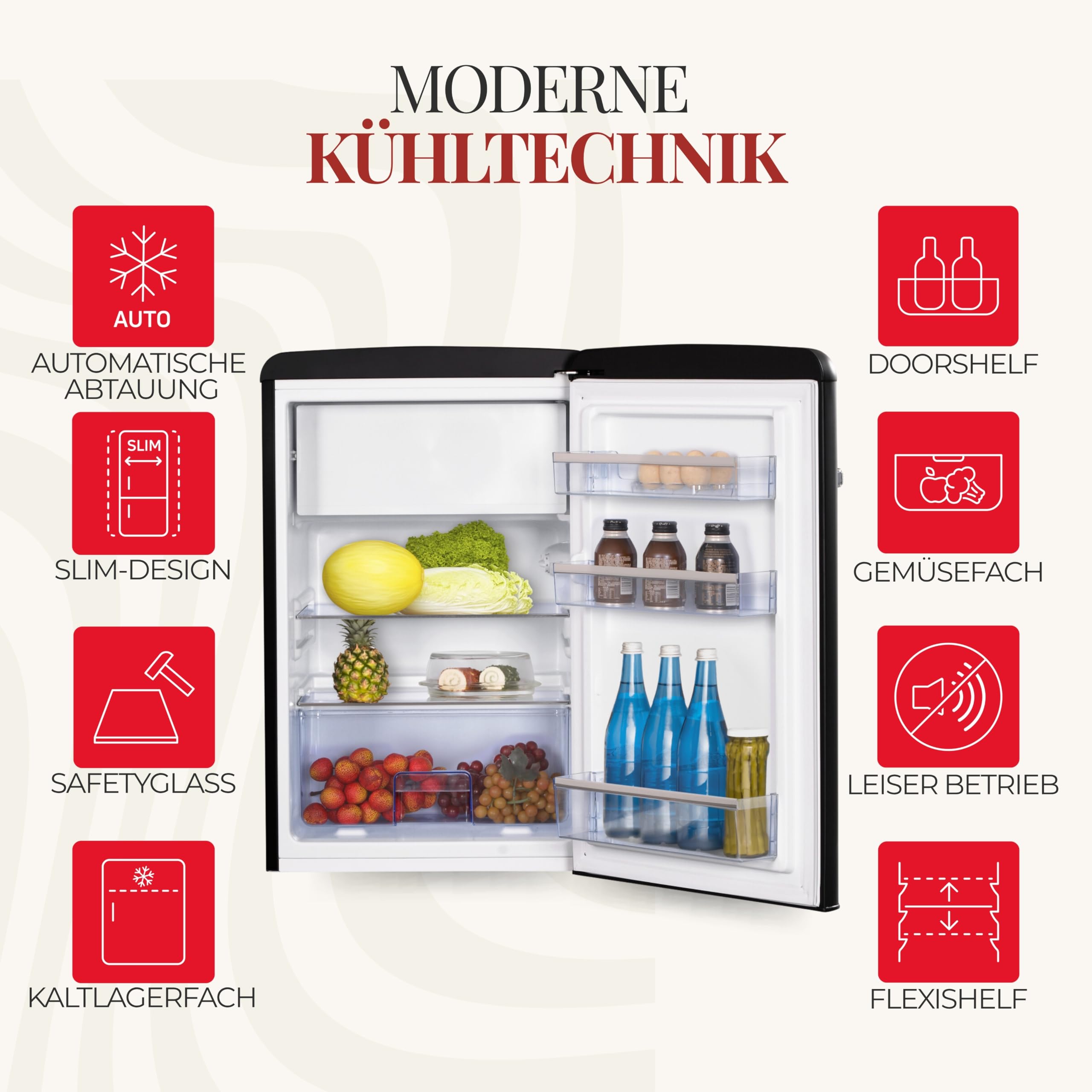 Amica Retro Kühl-Gefrierkombination 108 L 87,5 x 55 x 61,5 cm KS 15617 MS | 96 L Kühlteil 13 L Gefrierfach, LED Beleuchtung, Automatische Abtauung, Gemüseschublade, Leiser Betrieb, SafetyGlass Ablagen