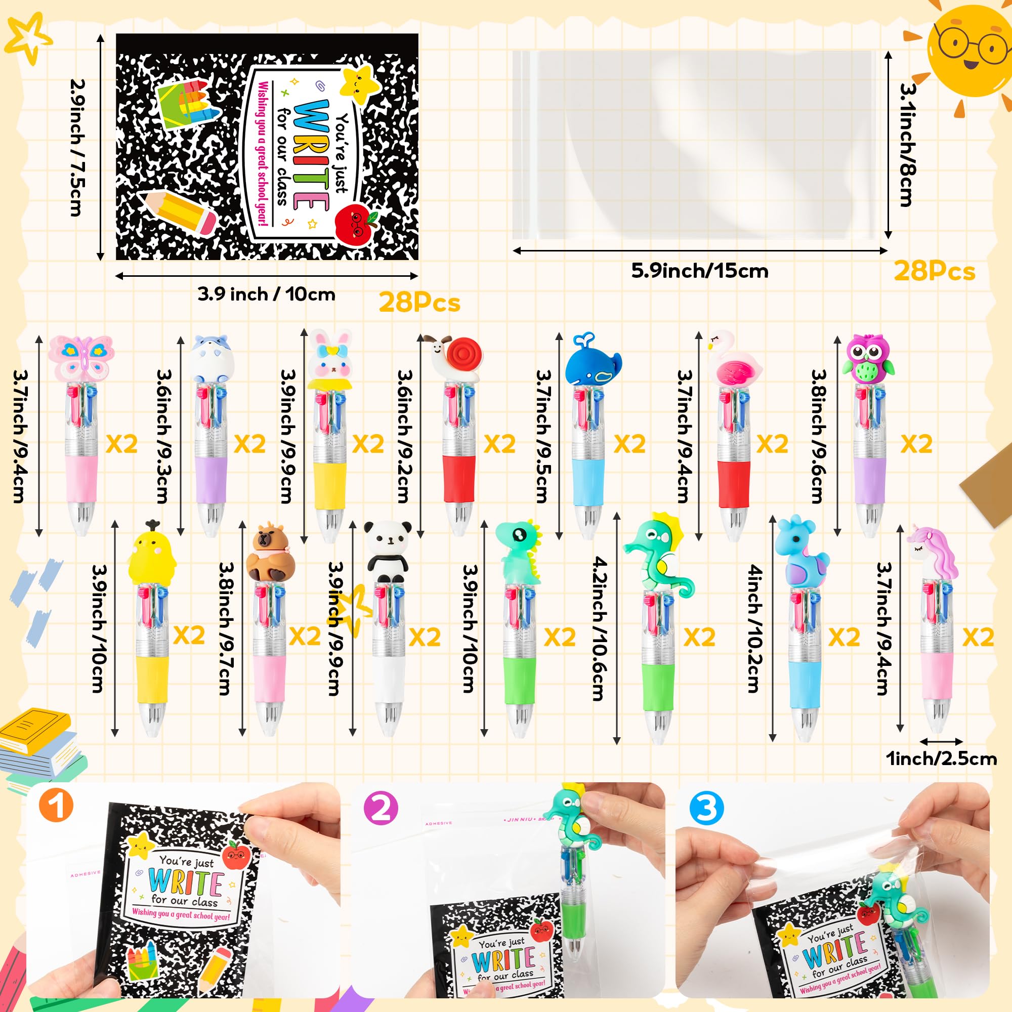 ANGOLIO Cadeaux de rentrée scolaire pour étudiants – 28 ensembles de cadeaux pour le premier jour d'école comprenant des stylos à bille multicolores 4 en 1 avec cartes de vœux pour camarade de classe