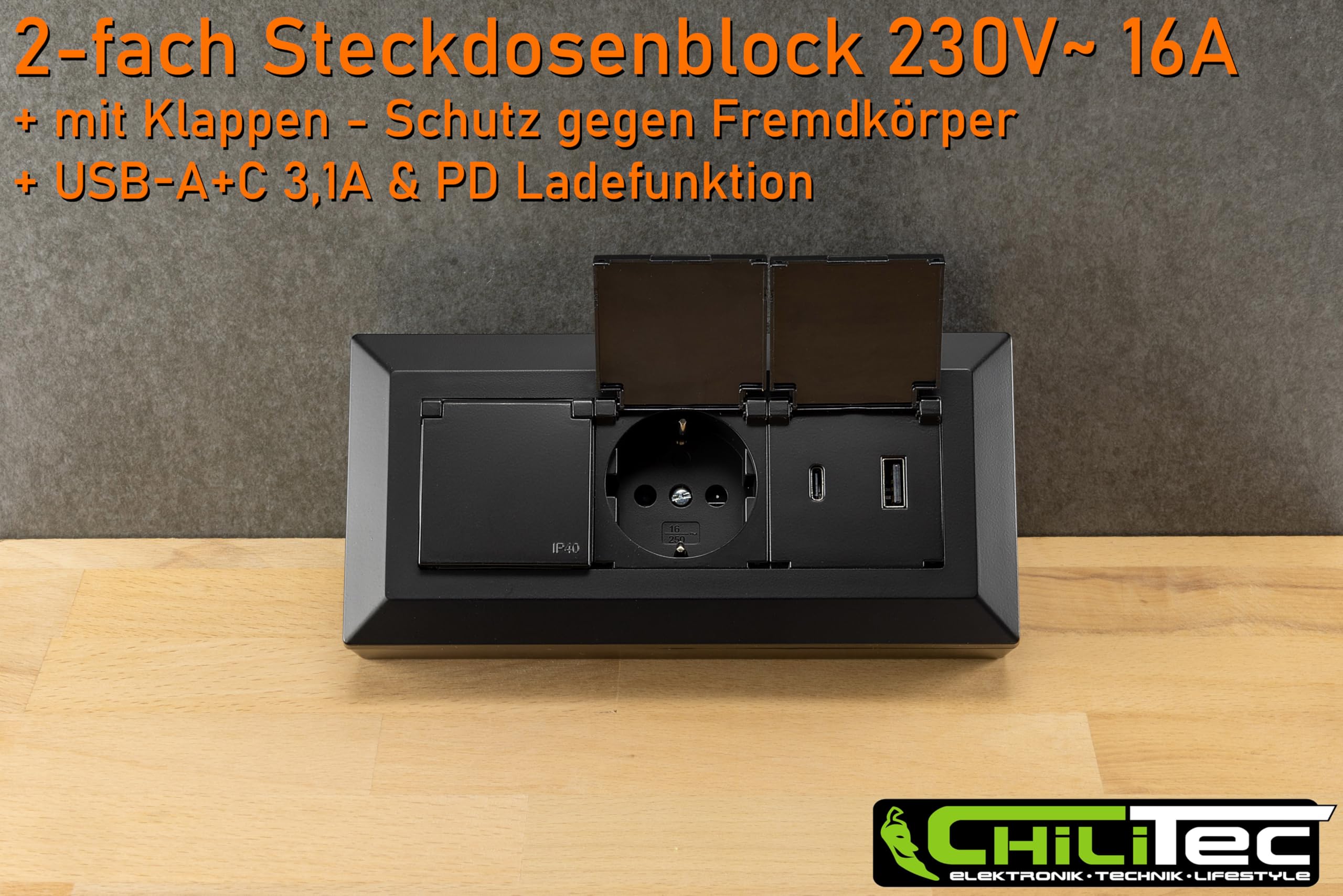 Blocco prese Presa multipla a 2 vie con coperchio incernierato USB-A USB-C PD Presa 230V per cucina ufficio officina nero