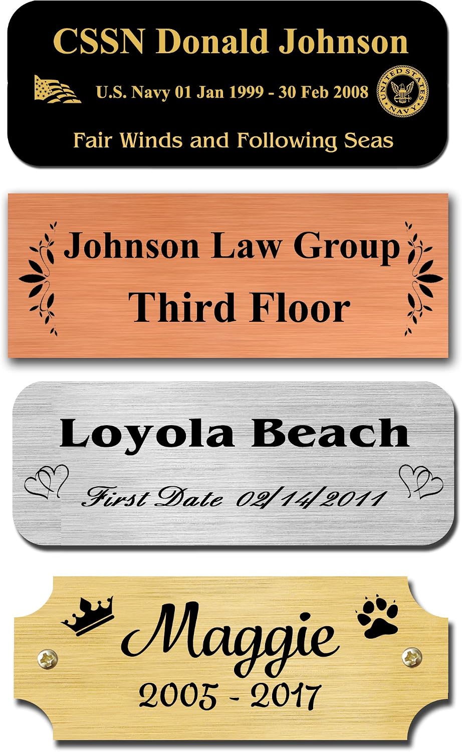 0.75" Tall, Brass Nameplates, Copper, Black-Colored Brass, Nickel Silver Metal Plate, Personalized, Custom Engraved Tag, Name Plaque, Square Rounded or Notched Corners, Made in USA (0.75" x 7.5")