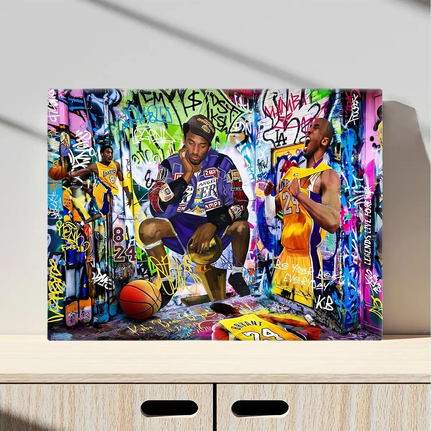 Kobe Bryant Canvas Wall Art Decor - Graffiti-Inspired Basketball Tribute Featuring Lakers Iconic Moments, Mamba Mentality Design for Living Room or Office Wall Decor 24X30 inch