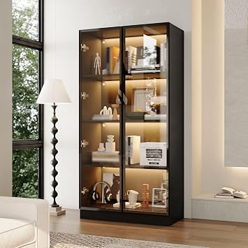 Glass Display Case Cabinet with Adjustable Light, Tall Showcase Storage Display Cabinet with Doors and Shelves, Modern Glass Black Bookcases with Storage Shelves for Living Room
