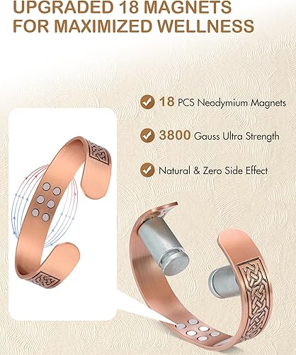Miniatura 3 de Feraco Pulsera de cobre puro para hombres, pulseras de terapia magnética de fuerza mejorada 18X con 3500 imanes de neodimio Gauss, brazalete de