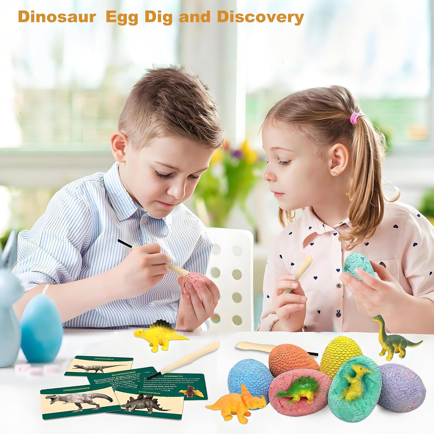 EXBEPE Dinosaur Eggs Excavation Dig Kit, 12 Fossilized Colorful Easter Dinosaur Egg with 12 Cards and 12 Dig Tools, Science Education STEM Toys for Boys & Girls Ages 3-12