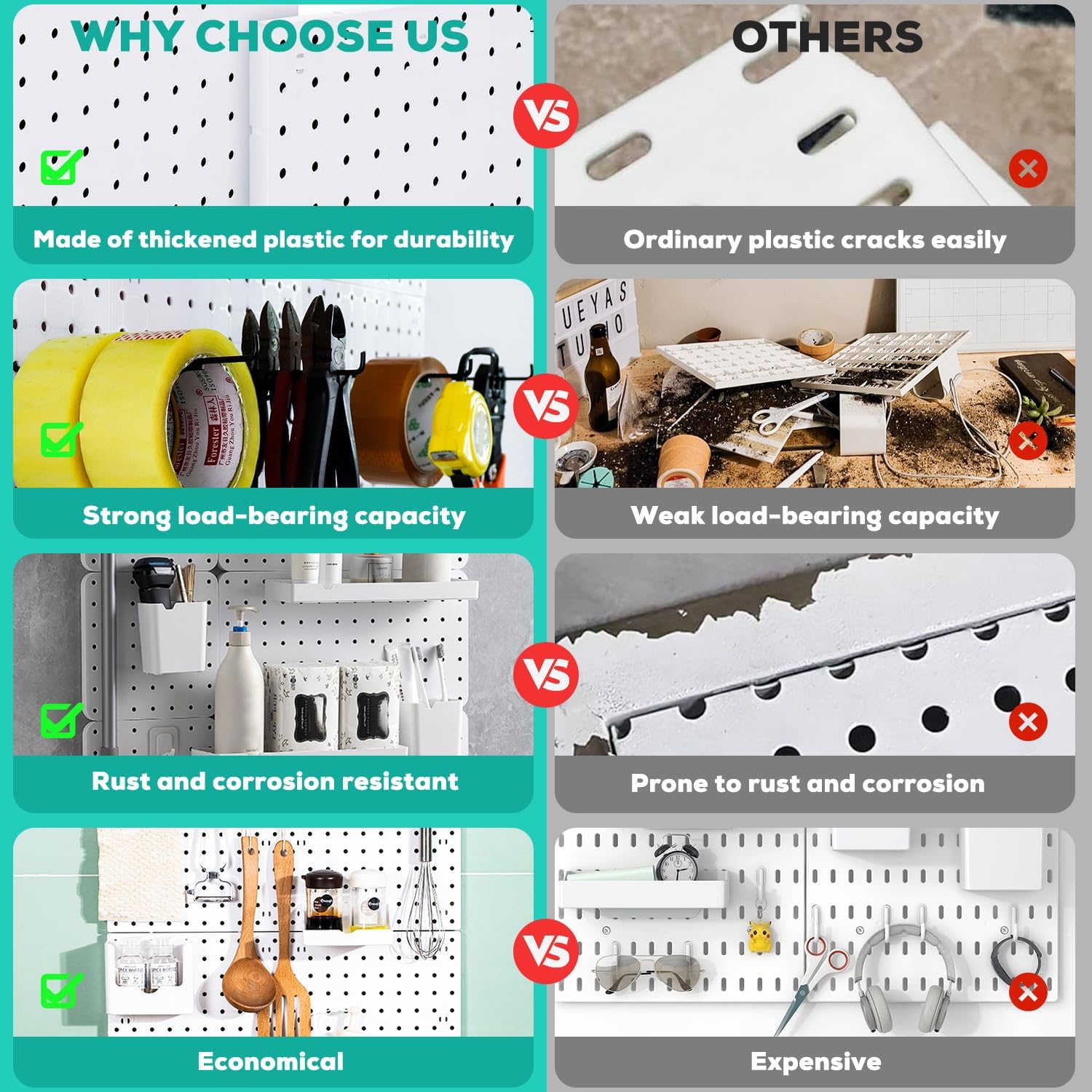 12Pcs Peg board, Pegboard Wall Organizer Panels, Wall Mount Display Small Pegboard Kits, Pegboard, Peg Boards for Wall Craft Room, for Kitchen, Garage, Workshop, Tool Accessories - White Pegboard