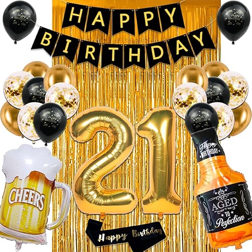 Miniatura 11 de Decoraciones de cumpleaños 21 para él - Decoración de cumpleaños 21 en negro y plata para ella con pancarta de 21 años de felicitación, cortinas,