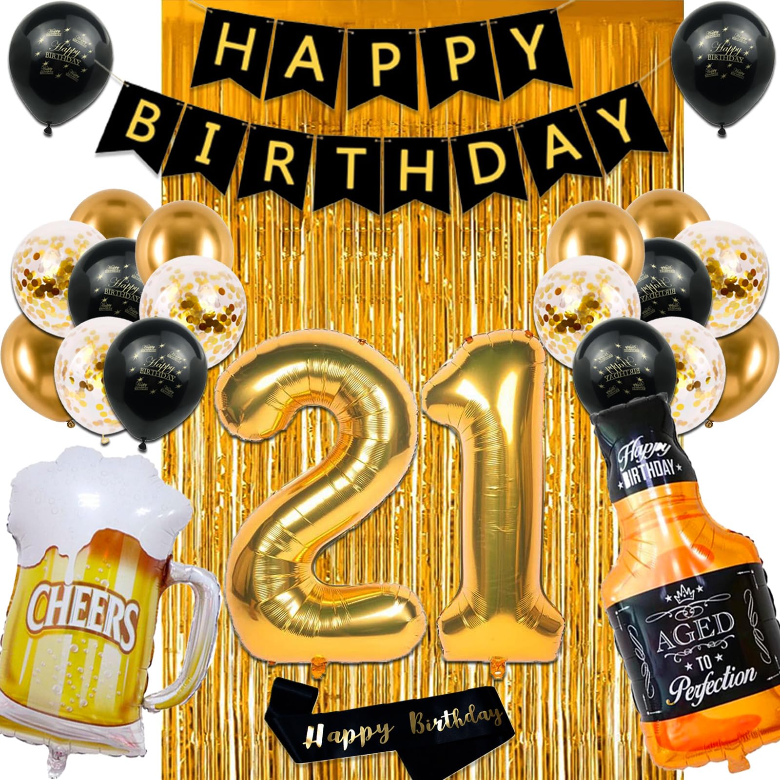21st Birthday Decorations for Him Her, Black and Gold 21 Birthday Decorations with Happy Birthday Banner,Fringe Curtain,Confetti and Latex Balloons