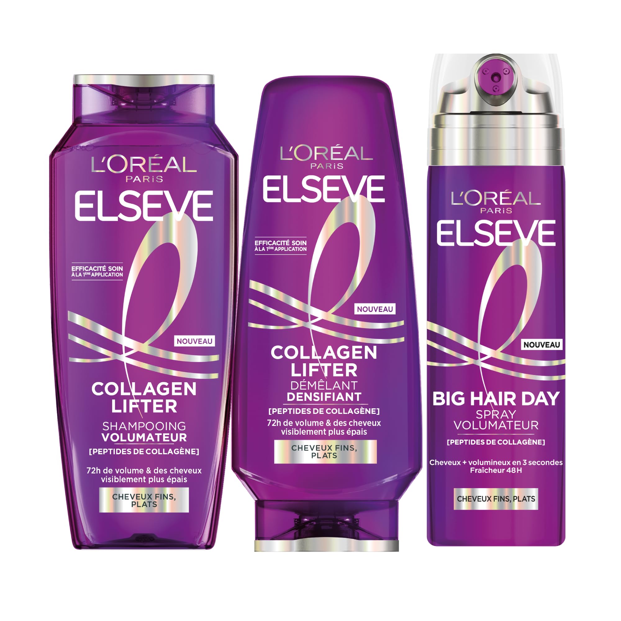 L'Oréal Paris – Routine Effetto Lift istantaneo, capelli sottili e piatti, volume 72H, arricchito con peptidi di collagene, shampoo, balsamo, spray 2 in 1, Elseve Collagen Lifter