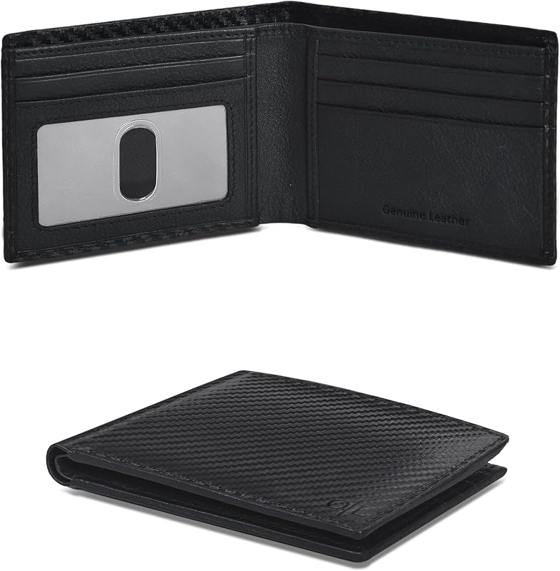 Slim Leather Wallet Men RFID Blocking Front Pocket with ID Window, Black