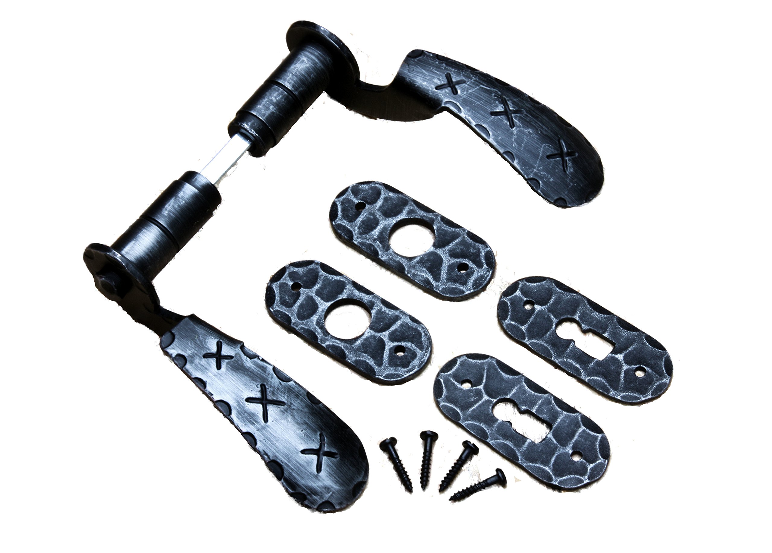 Door Handles Made of Wrought Iron with BB Rosettes, Galvanised Handle Set, Pair of Black Antique Handles for e.g. Room Doors and Much More