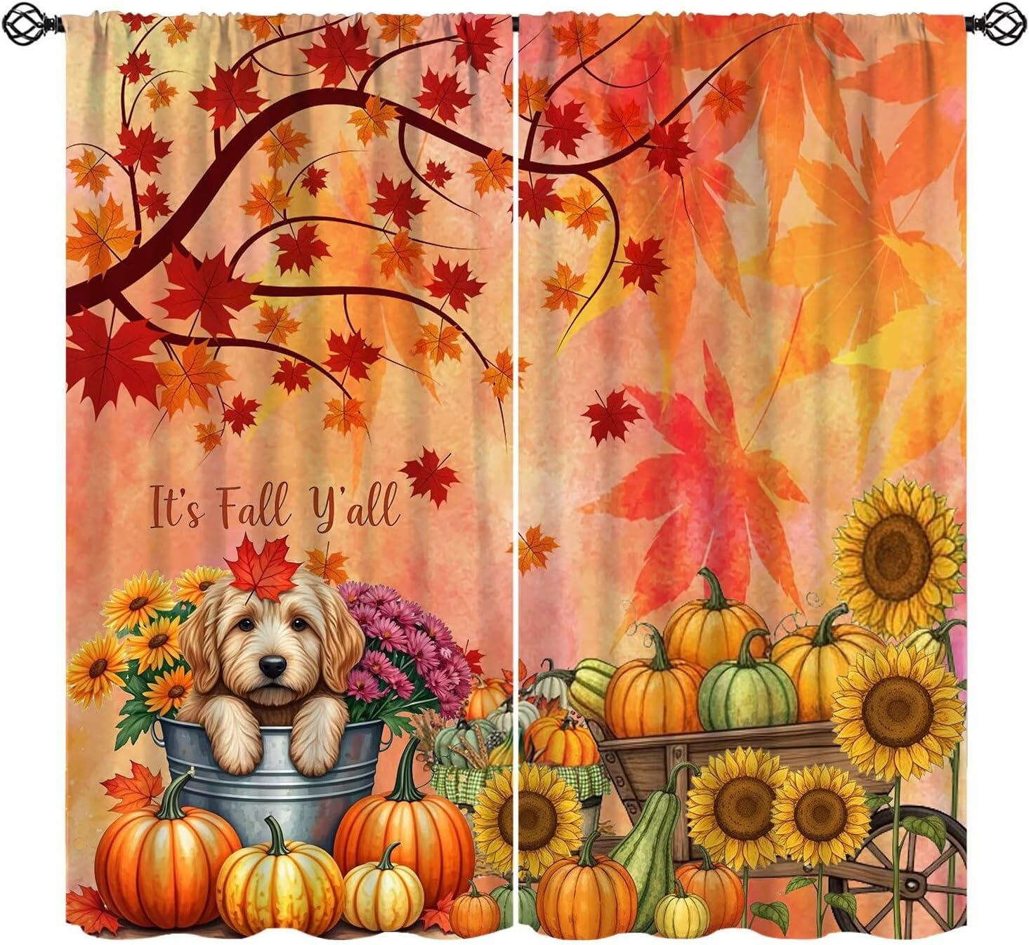 Fall Maple Leaf Curtains Harvest Orange Pumpkin Sunflower Cartoon Dog Autumn Blackout Rod Pocket Window Treatments for Farmhouse Restaurant Kids Bedroom Living Kitchen Cafe Drapes 52" W X 84" L