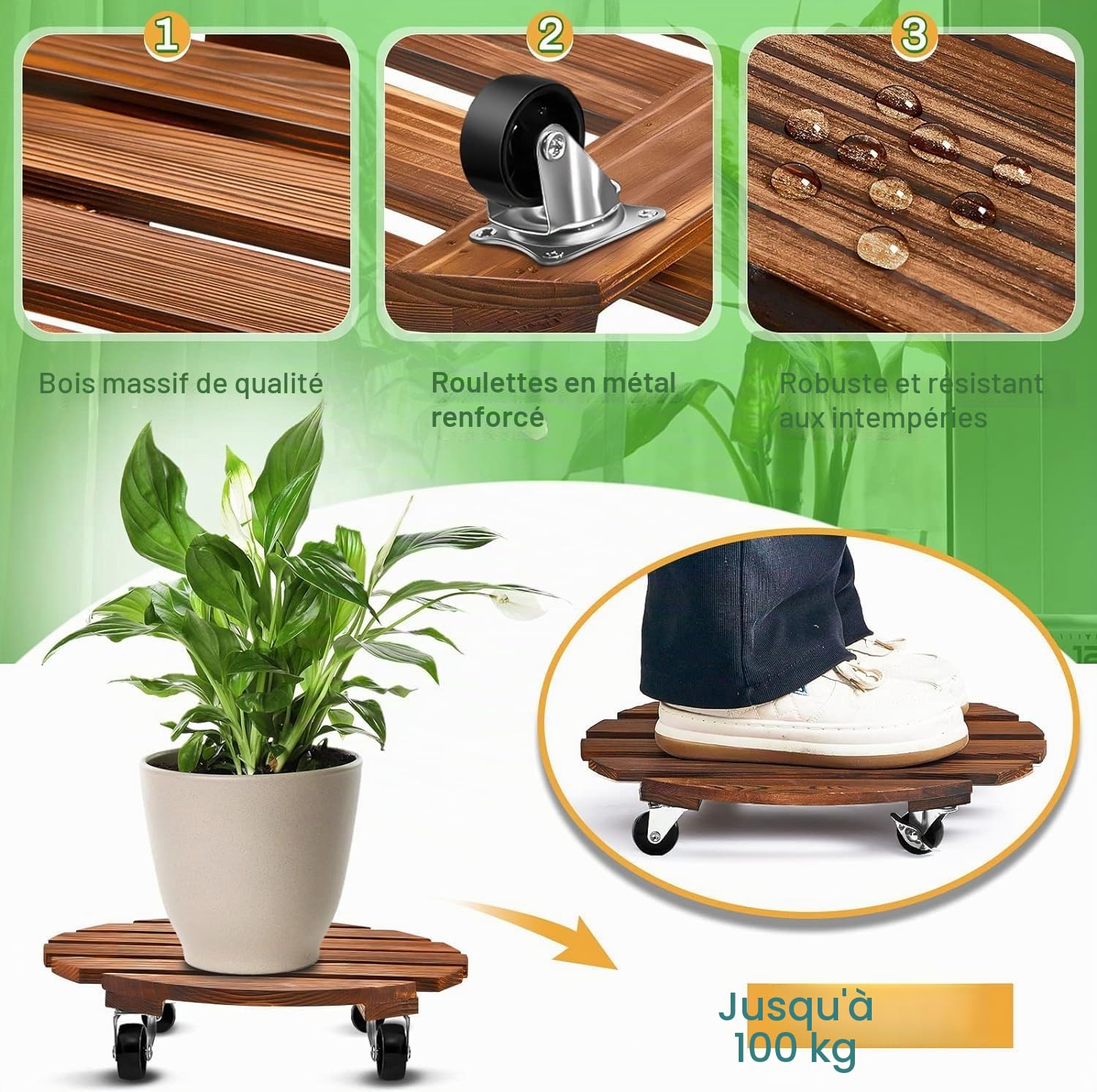 Lot de 2 roulettes robustes en bois avec roulettes verrouillables en métal - 30 cm