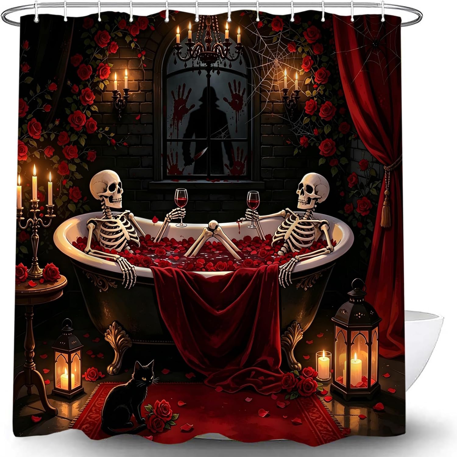 Gothic Halloween Shower Curtain Skeleton in Bathtub, 70" W x 70" L